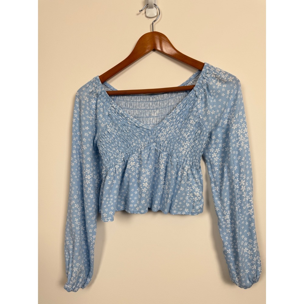 LA Hearts Crop Top Womens XS Blue Floral Smocked Peplum‎ Long Sleeve Blouse